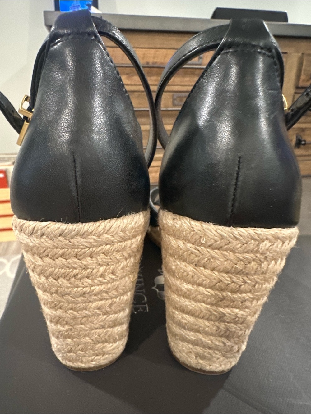 Vince Camuto Black Leather Espadrille Wedge Sandals with Ankle Strap - Picture 5 of 5